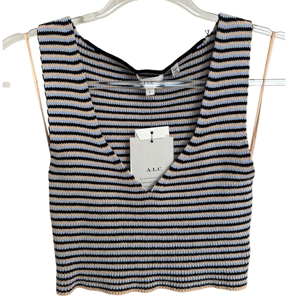 A.L.C. Striped Knit V-Neck Tank Top NWT Beige Blue Black Ribbed Crop S